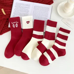 Women Wine Red White Striped Crew Socks Cotton Blend Heart Bow Embroidery Sweetbow Love Middle Tube Socks Autumn Winter