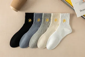 Men cotton crew socks with embroidery lightning pattern, casual breathable spring autumn 5 pairs.