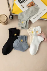 Men cotton mid-calf socks with yellow lightning embroidery, breathable casual sports socks.