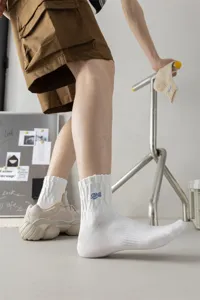 Men casual cotton mid-tube socks with blue letter embroidery for spring autumn street sports dailywear