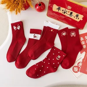 Women Red Mid-Calf Socks Festive New Year Embroidered Bear Dog Cotton Socks With Bowknot Polka Dot For Wedding Gift