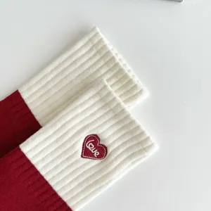 Women burgundy white striped mid-tube cotton socks with cute love heart embroidery main view