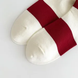 Women red white striped mid calf cotton socks autumn winter cute casual daily wear warm hosiery