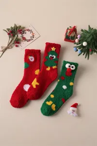 Cozy coral fleece Christmas socks, cute cartoon thick warm winter mid-tube socks for women