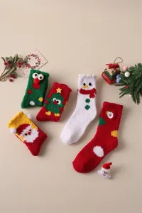 Cute Christmas fuzzy socks for women winter thick warm coral fleece mid-tube cartoon floor socks