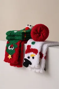 Plush Christmas socks for women, thick warm winter fuzzy sleep socks, cute cartoon mid-tube socks