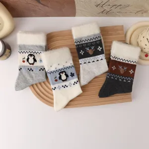 Plush winter women socks with fair isle penguin and deer patterns, soft warm mid-tube socks.