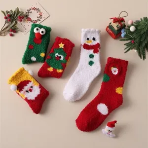 Women Christmas Coral Fleece Socks Thickened Warm Floor Sleep Socks Cartoon Santa Snowman Christmas Tree Fuzzy Mid-Calf Socks