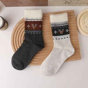 Cozy winter fleece cuff crew socks with cute deer Fair Isle patterns for women, warm daily wear.