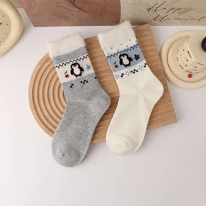 Women fluffy mid-calf socks with cute penguin pattern winter cozy warm casual cotton socks