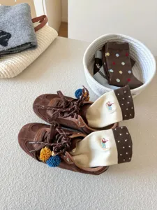 Cozy autumn winter women mid tube socks with cute dachshund embroidery and polka dots warm wool.