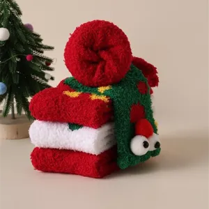 Cozy coral fleece Christmas socks for women, thick warm winter cartoon floor socks.