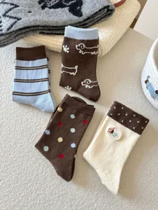 Cute dachshund embroidered and striped women wool mid tube socks, cozy autumn winter daily wear.