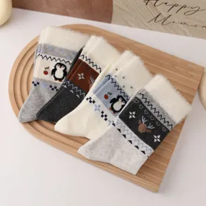 Women winter fluffy socks cute penguin reindeer pattern thick warm mid tube Christmas hosiery