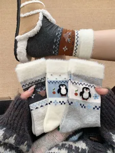 Women's winter warm fluffy socks cute cartoon penguin fair isle mid-tube thermal knit socks