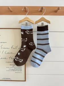 Brown dachshund and blue striped mid-calf socks detail shot, cozy autumn winter knit wear.