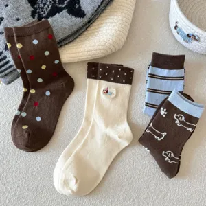 Women Autumn Winter Wool Blend Mid-Calf Socks Cute Dachshund Dog Embroidery Striped Polka Dot Thermal Warm Fashion Crew Socks