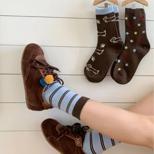 Autumn winter women mid tube socks brown blue striped cute dachshund embroidery polka dots warm