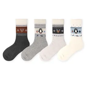 Winter fuzzy socks for women, cute deer and penguin Fair Isle thermal mid-calf socks set.