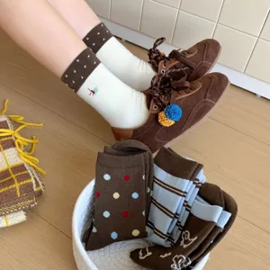 Autumn winter cute dachshund embroidered wool mid-calf socks korean style striped socks