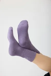 Men purple thick knit cotton mid-calf socks camping style, comfortable daily wear.