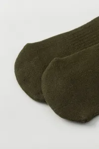 Detailed view of men's dark green thick knit cotton socks, showcasing fine heel texture.