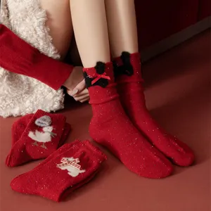 Red wool-blend winter mid-calf socks for women, featuring cute fluffy animal appliques and bows.