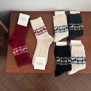 Christmas snowflake reindeer wool socks, warm winter cozy knit stockings for women.