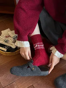 Christmas reindeer snowflake wool socks, cozy winter retro thermal knit hosiery for women.