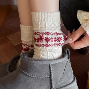 Cozy Christmas deer pattern knit wool socks, warm winter retro slouch socks for women.