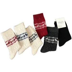 Christmas deer snowflake wool socks women winter warm retro knit socks set color