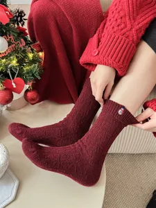 Women wool Christmas mid-calf socks with cute snowman embroidery, cozy thermal thickened design.