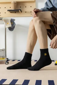 Men black cotton crew socks with yellow lightning embroidery for daily casual sports wear