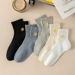 Men mid-tube cotton socks with embroidered lightning design, casual sports socks in multi colors.