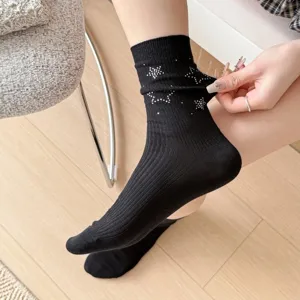 Schwarze Baumwollwadenstrümpfe für Damen mit funkelnden Strass-Sternmustern für Alltag.