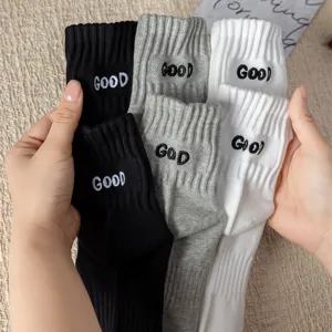 Men's combed cotton mid-tube socks with embroidered good letter design casual wear