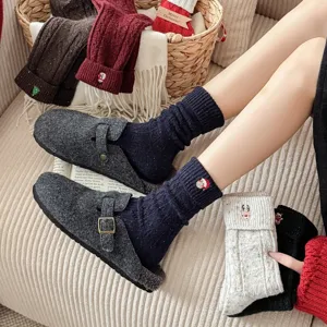 Winter wool Christmas socks for women, thick warm embroidered speckled yarn mid tube socks detail