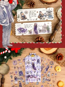 Weihnachts-Flachaufkleber-Set mit süßen Winterillustrationen und Vintage-Ticket-Designs.