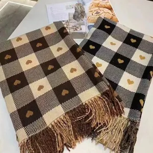 Autumn winter imitation cashmere couple scarf classic plaid pattern warm tassel shawl cozy wrap.