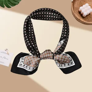 Silk square scarf for women, chic geometric lattice print fashion headband and versatile neckerchief.