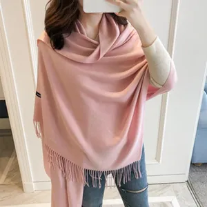 Pink women tassel shawl autumn winter soft cozy casual wrap elegant solid color fashion cape
