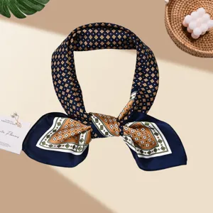 Elegant imitation silk square scarf, retro geometric plaid design, stylish neckerchief.