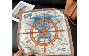 Women nautical ship wheel design silk scarf, elegant spring summer sun protection neck scarf.