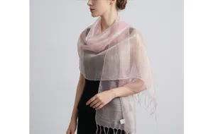 Elegant silk blend iridescent scarf with delicate tassels, perfect for spring and autumn.