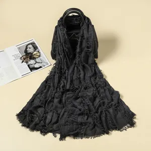 Distressed cotton linen scarf shawl with fringe tassel casual versatile design detail view