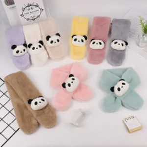Plush panda scarf detail, soft warm winter neck warmer for kids, cute cartoon design.