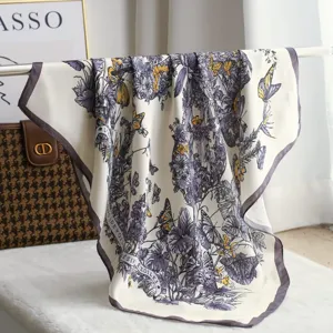 Luxurious 70cm mulberry silk square scarf with elegant butterfly and floral botanical prints.