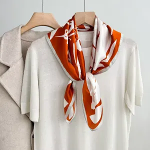Elegant orange white silk square scarf luxurious classic design for women accessories