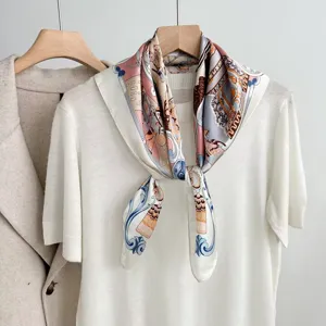 Luxury 70cm square silk scarf, premium mulberry crepe de chine, elegant neckerchief style.