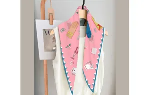 Pink twill silk diamond scarf featuring elegant playing card and glove print for women.